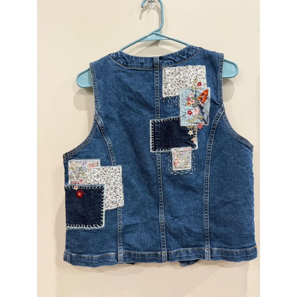 99% Cotton Womens Denim Patchwork Embroidered Floral Boho Vest Blue Large L - Picture 4 of 5